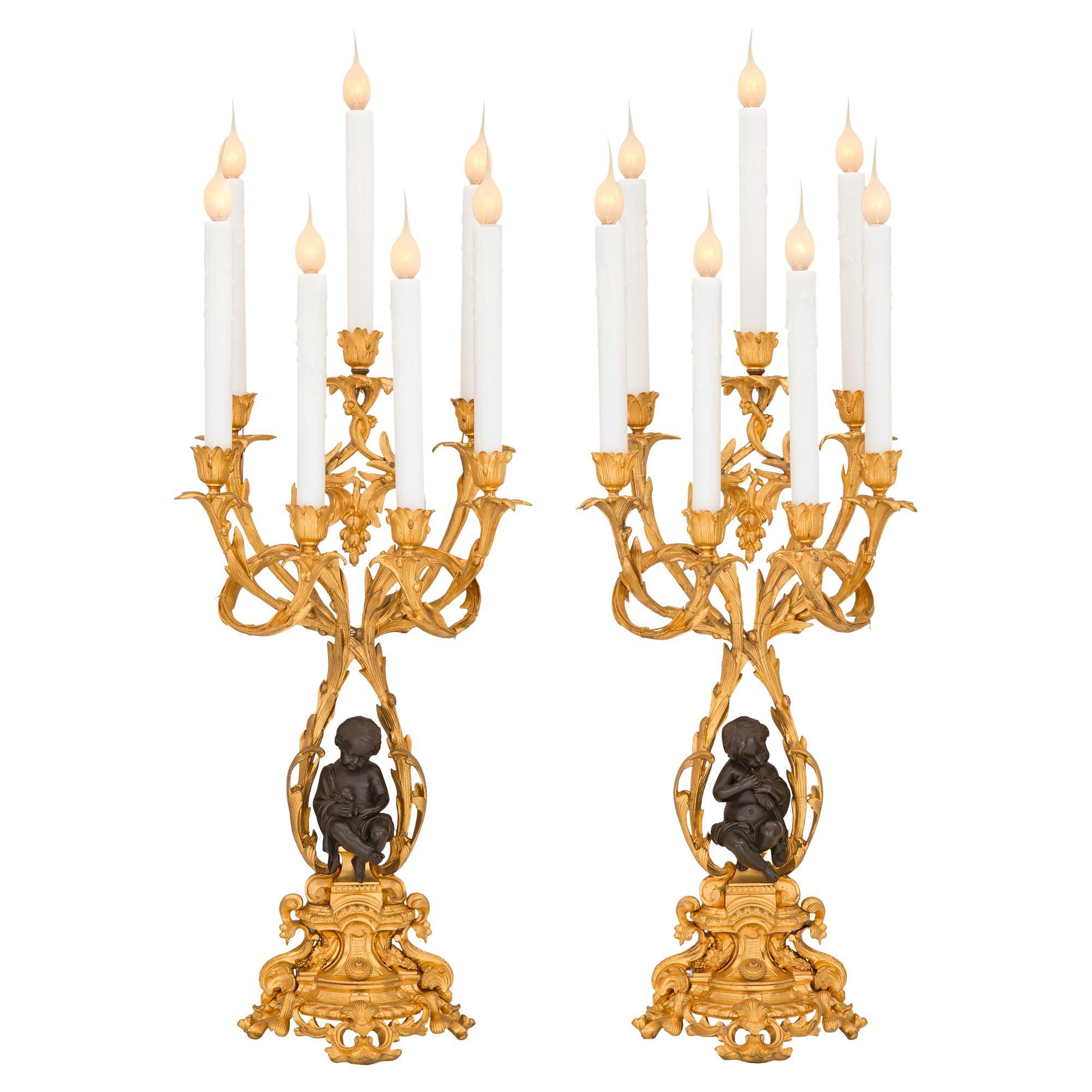 Pair of French 19th Century Louis XV St. Ormolu and Bronze Candelabra Lamps For Sale