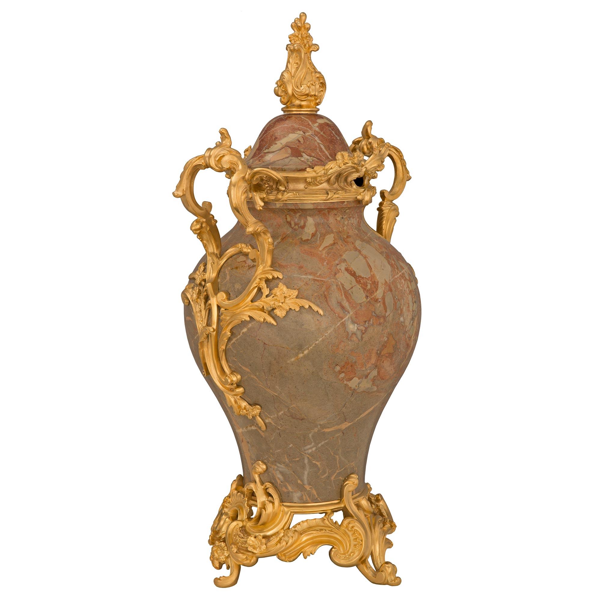 Pair of French 19th Century Louis XV St. Ormolu and Marble Lidded Urns In Good Condition For Sale In West Palm Beach, FL