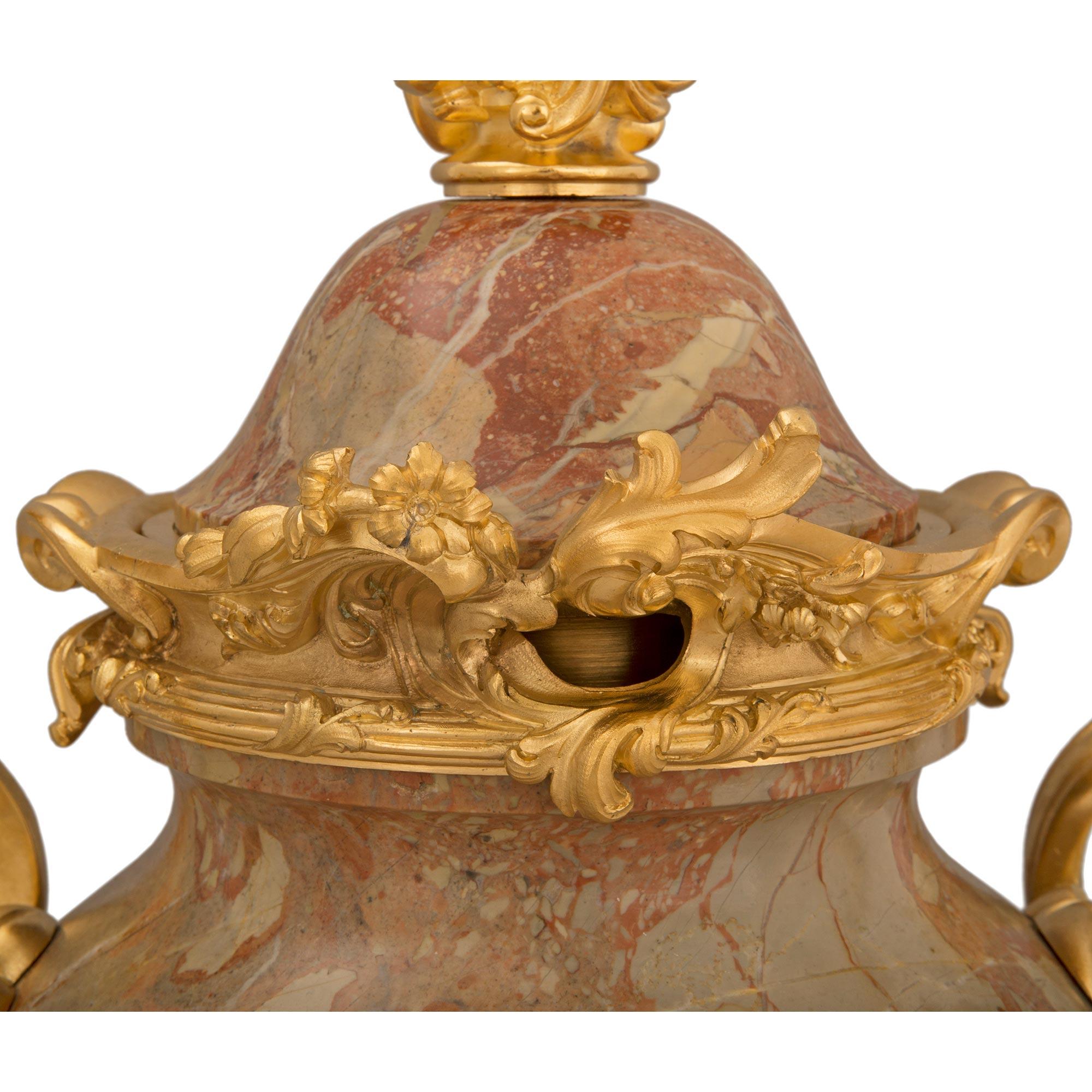 Pair of French 19th Century Louis XV St. Ormolu and Marble Lidded Urns For Sale 3