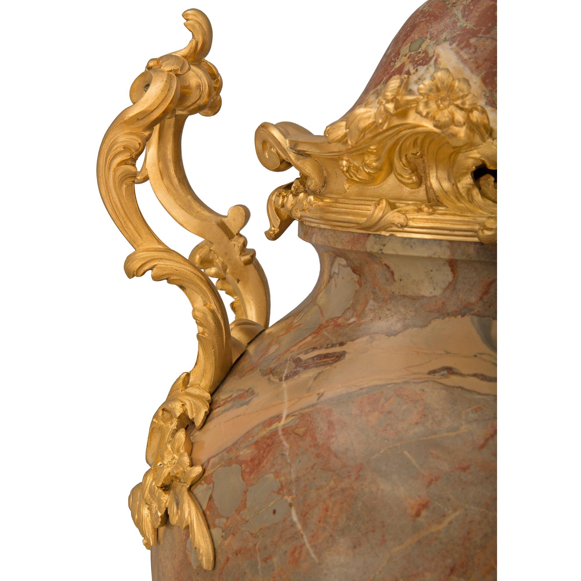 Pair of French 19th Century Louis XV St. Ormolu and Marble Lidded Urns For Sale 4