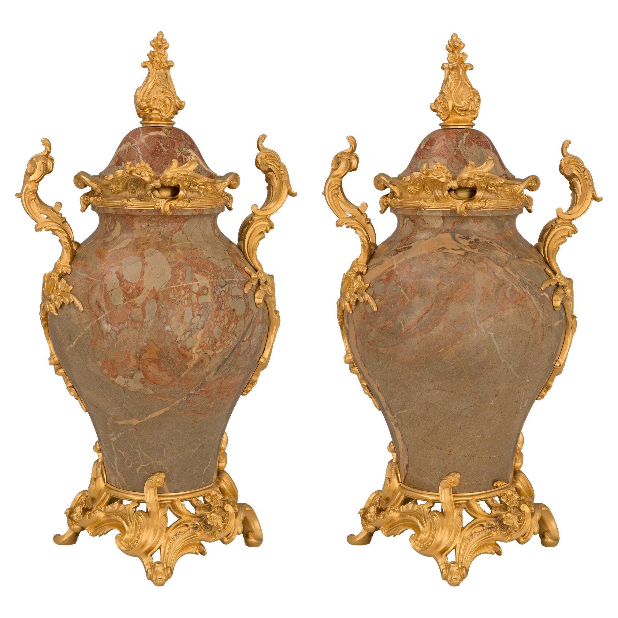 Pair of French 19th Century Louis XV St. Ormolu and Marble Lidded Urns