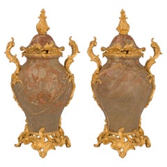 Pair of French 19th Century Louis XV St. Ormolu and Marble Lidded Urns