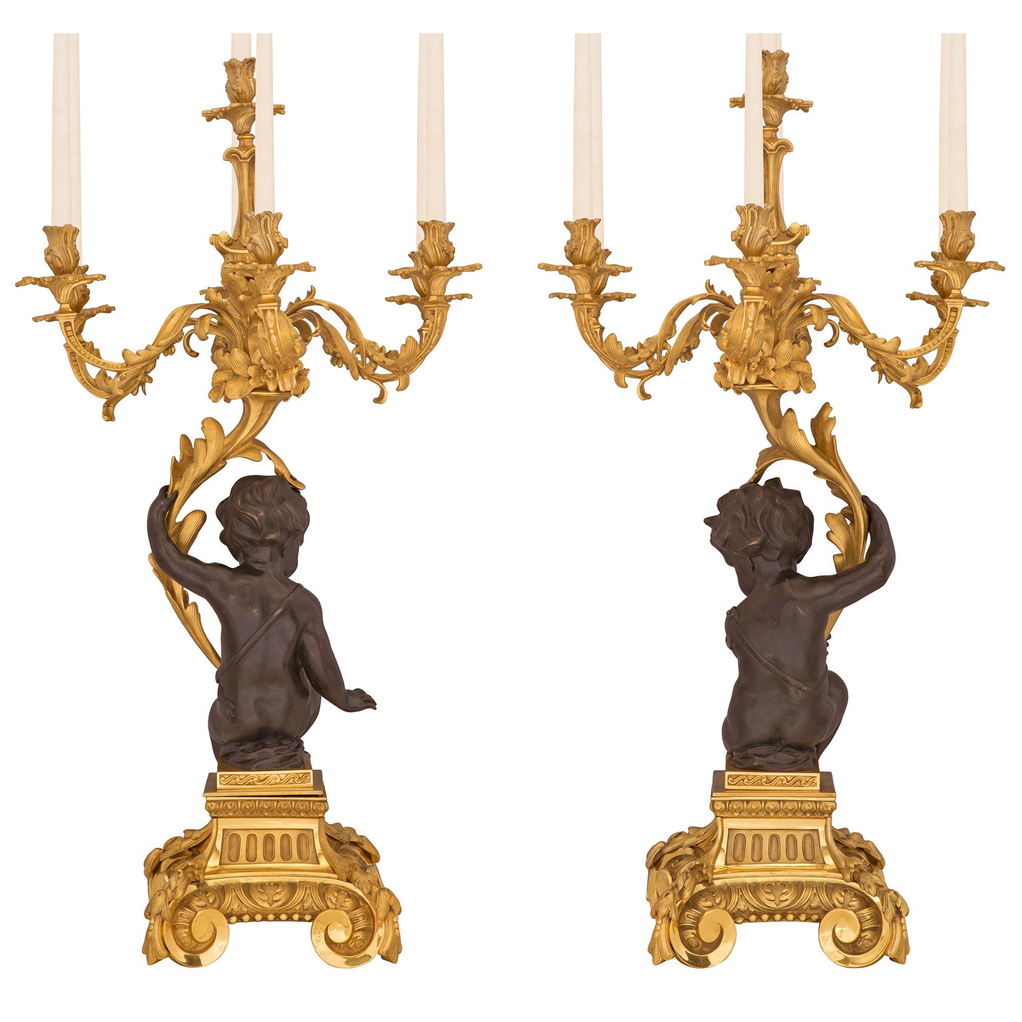 Pair of French 19th Century Louis XV St. Ormolu and Patinated Bronze Candelabras For Sale 1