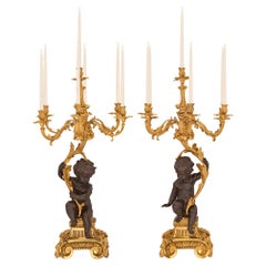 Antique Pair of French 19th Century Louis XV St. Ormolu and Patinated Bronze Candelabras
