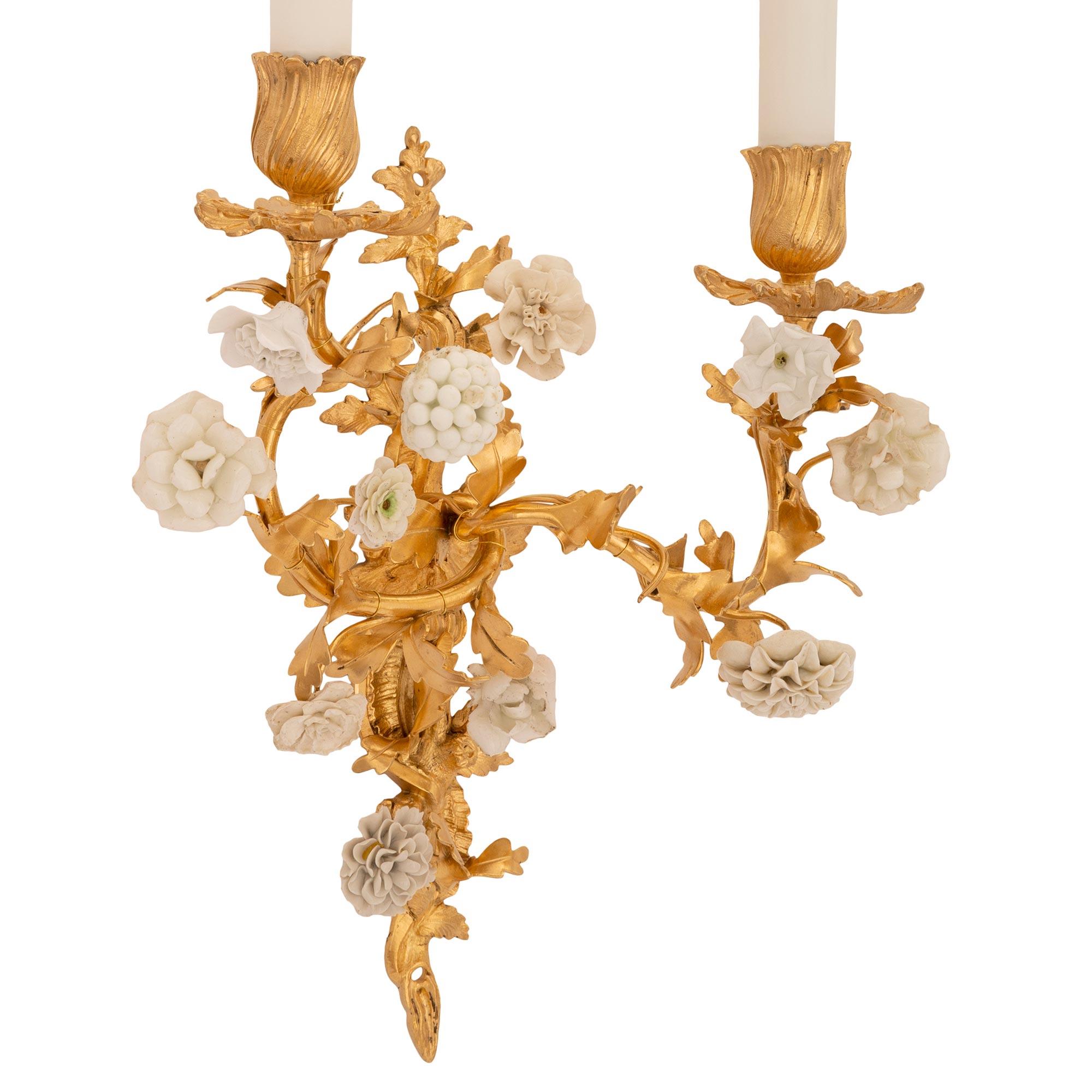A charming and most decorative true pair of French 19th century Louis XV st. ormolu and porcelain sconces. Each two arm Blanc de Chine sconce is centered by a superb intricately detailed scrolled foliate backplate in a striking satin and burnished