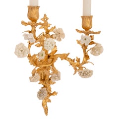 Pair of French 19th Century Louis XV St. Ormolu and Porcelain Sconces