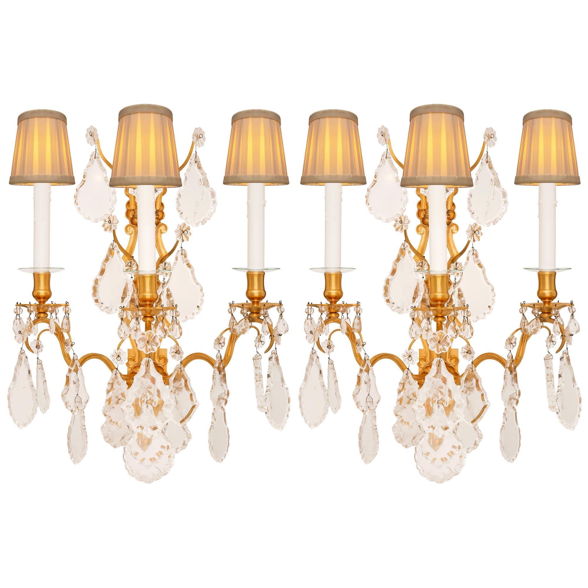 Pair Of French 19th Century Louis XV St. Ormolu And Rock Crystal Sconces For Sale 4
