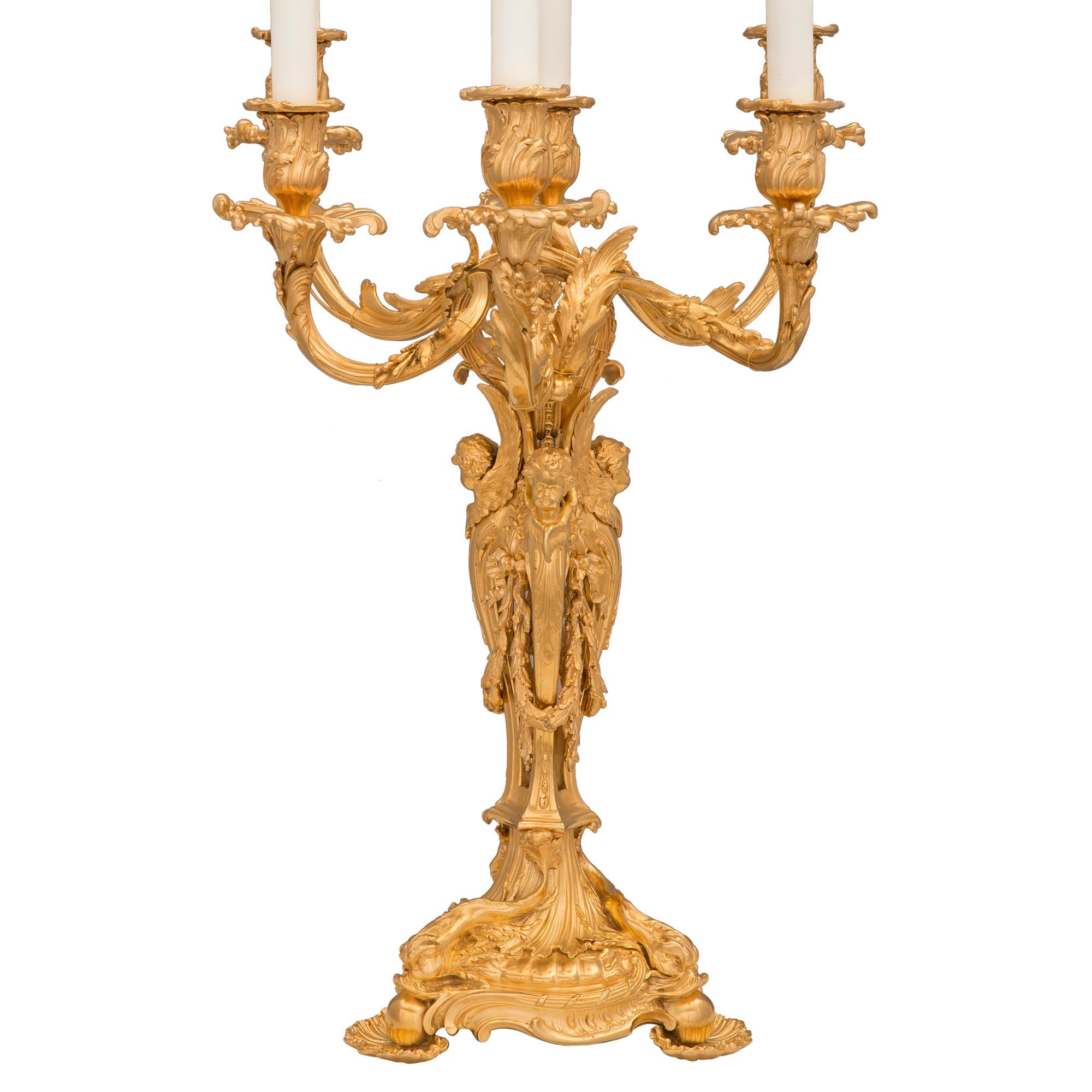 Pair of French 19th Century Louis XV St. Ormolu Candelabra Lamps In Good Condition For Sale In West Palm Beach, FL