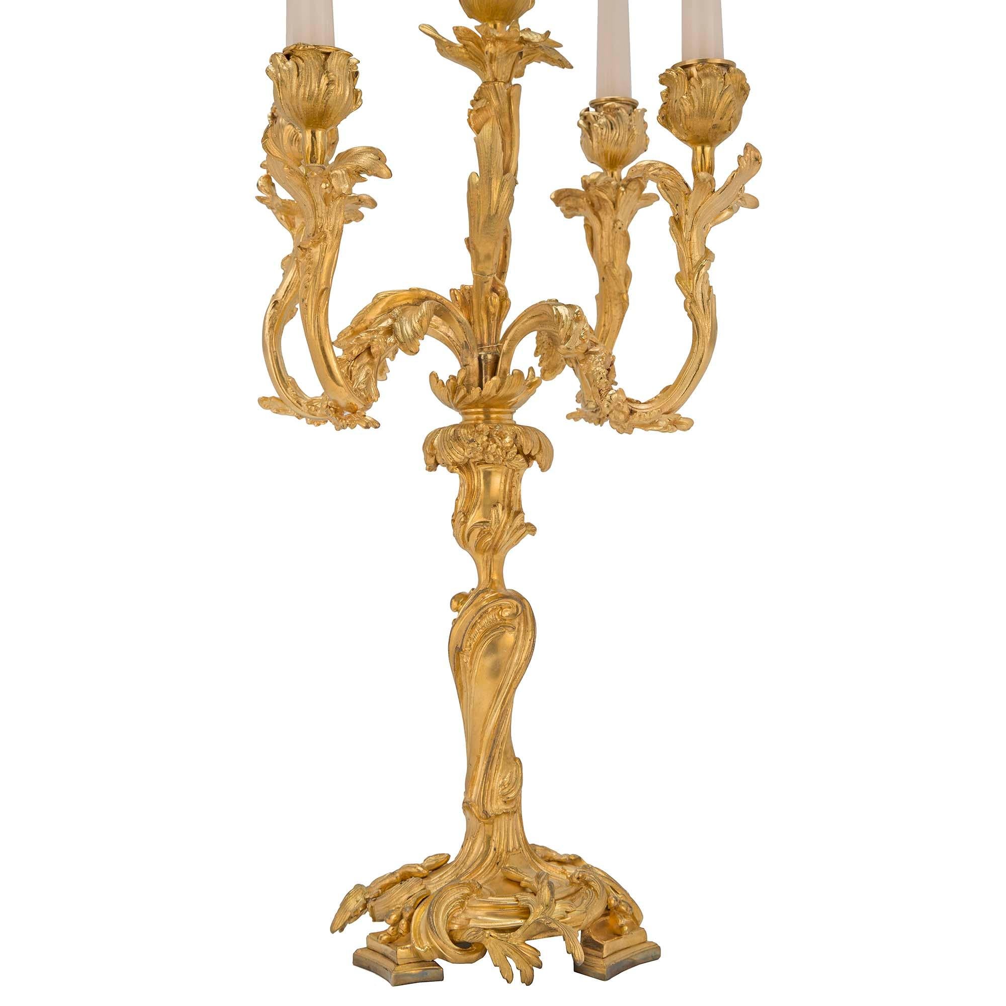 Pair of French 19th Century Louis XV St. Ormolu Candelabra Lamps In Good Condition For Sale In West Palm Beach, FL