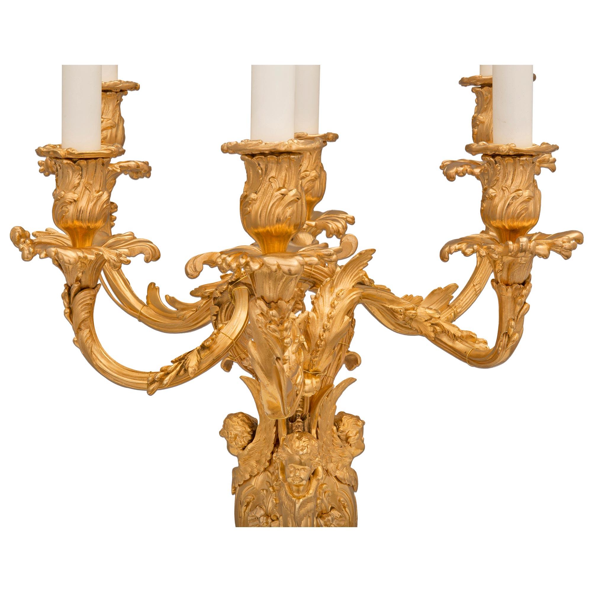 Pair of French 19th Century Louis XV St. Ormolu Candelabra Lamps For Sale 1