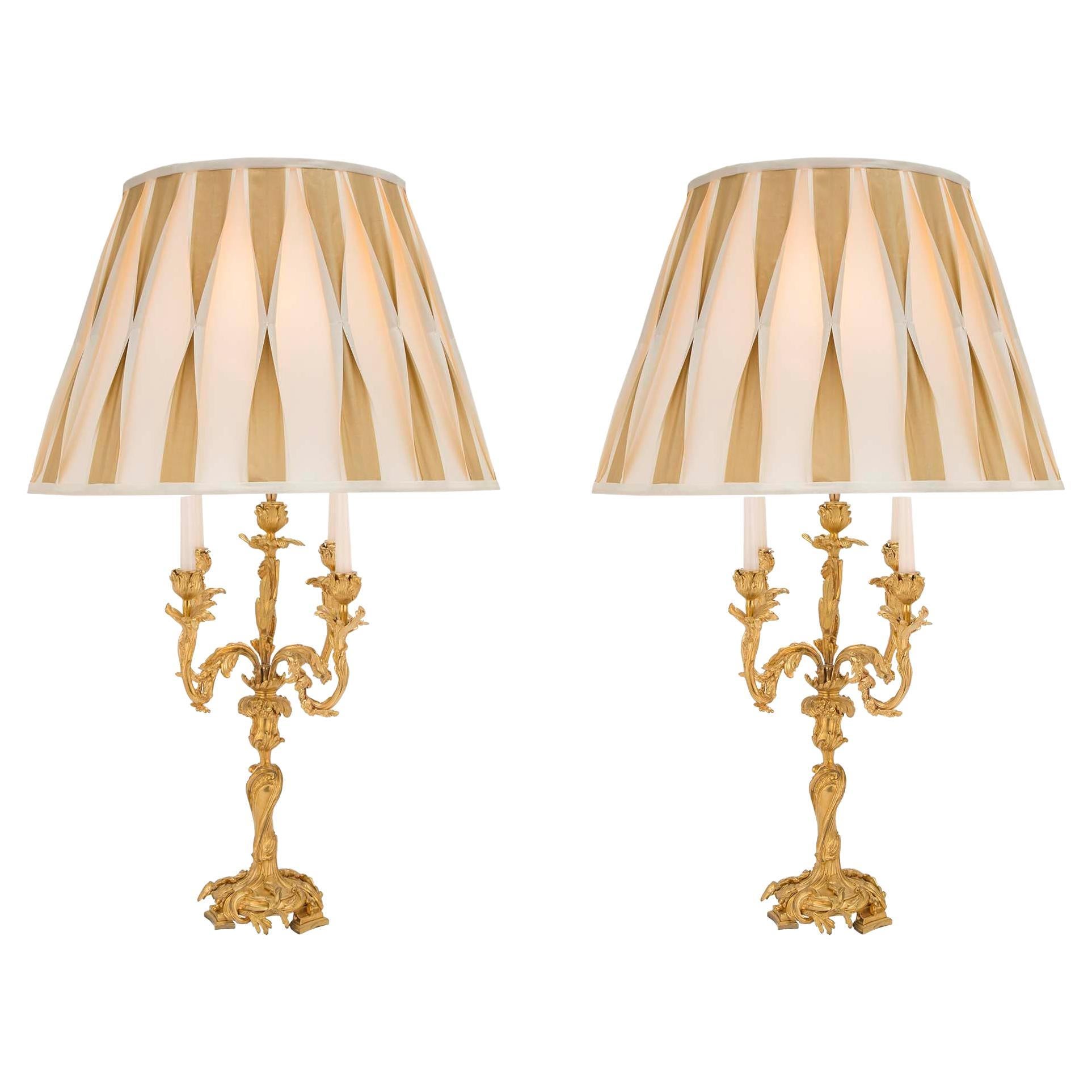 Pair of French 19th Century Louis XV St. Ormolu Candelabra Lamps For Sale