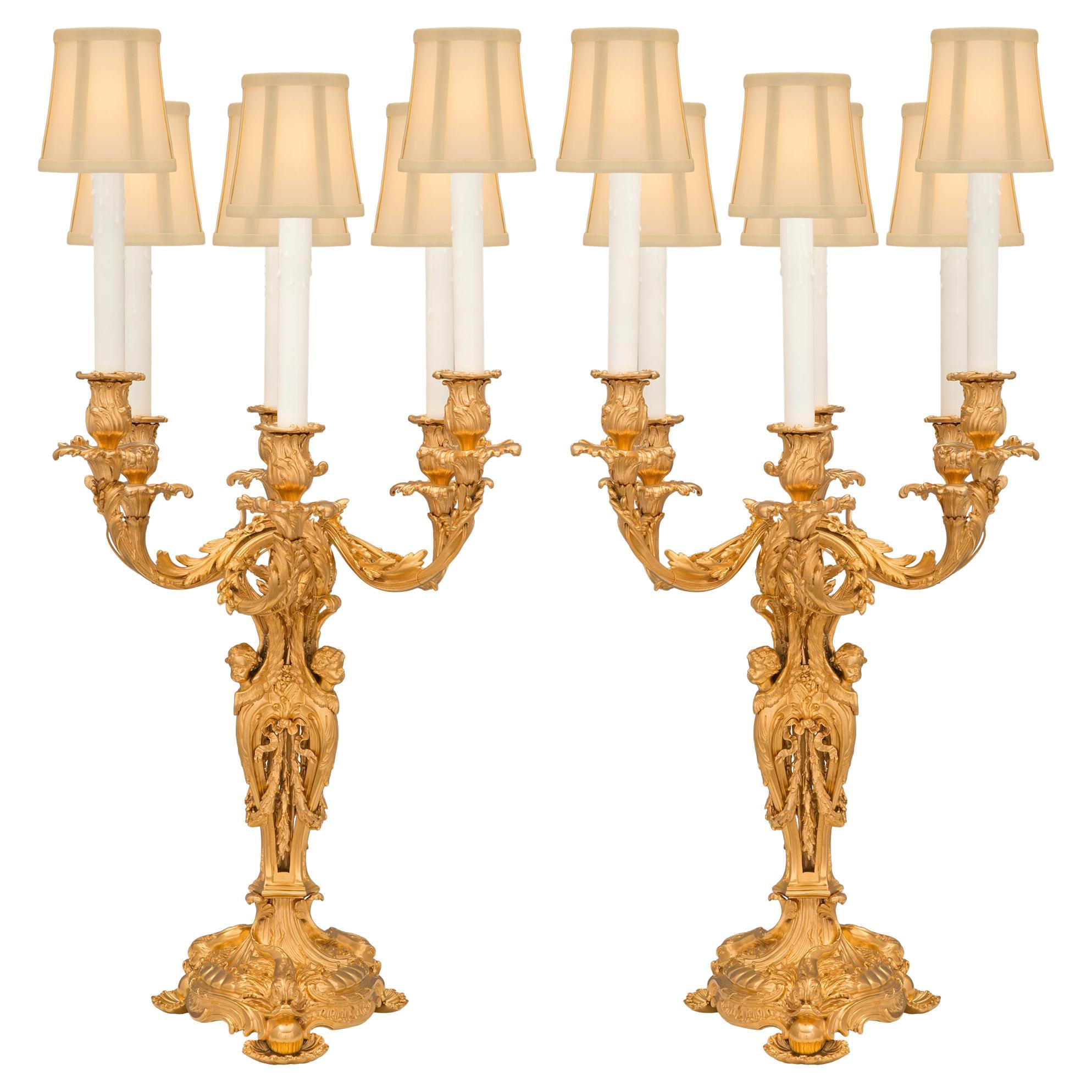 Pair of French 19th Century Louis XV St. Ormolu Candelabra Lamps For Sale