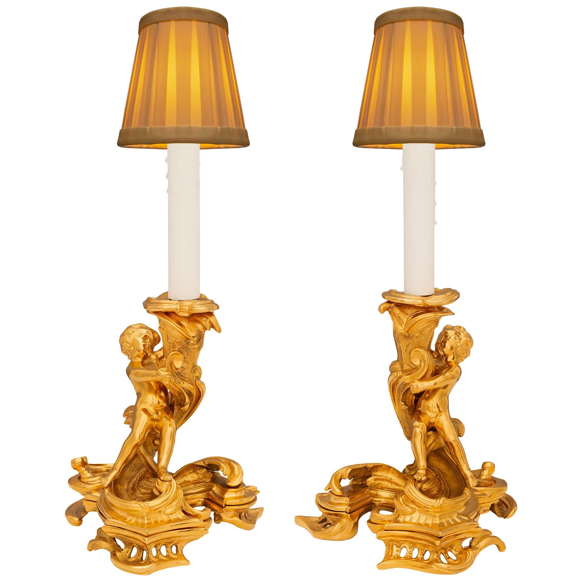Pair Of French 19th Century Louis XV St. Ormolu Candlestick Lamps For Sale 6