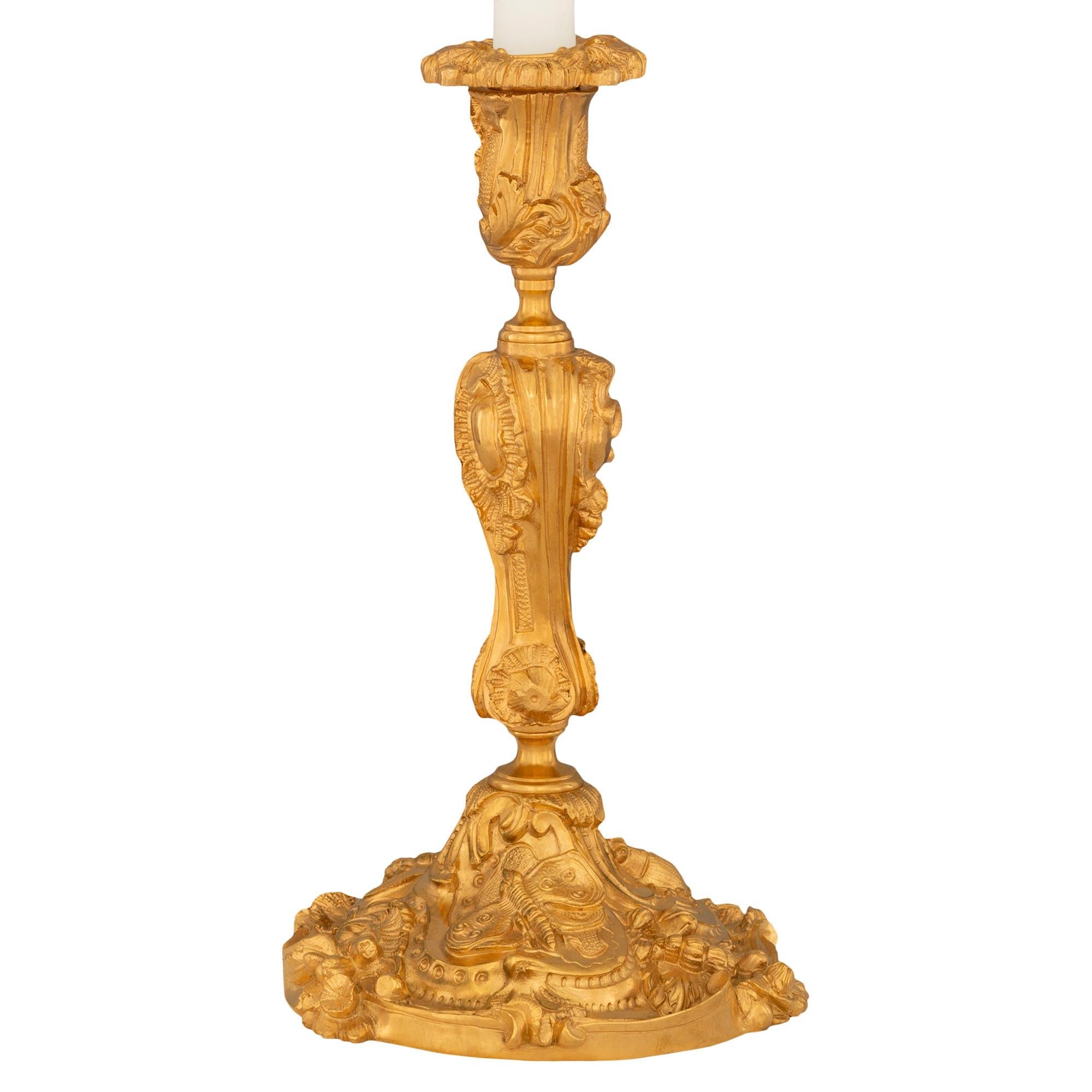 Pair Of French 19th Century Louis XV St. Ormolu Candlesticks In Good Condition For Sale In West Palm Beach, FL