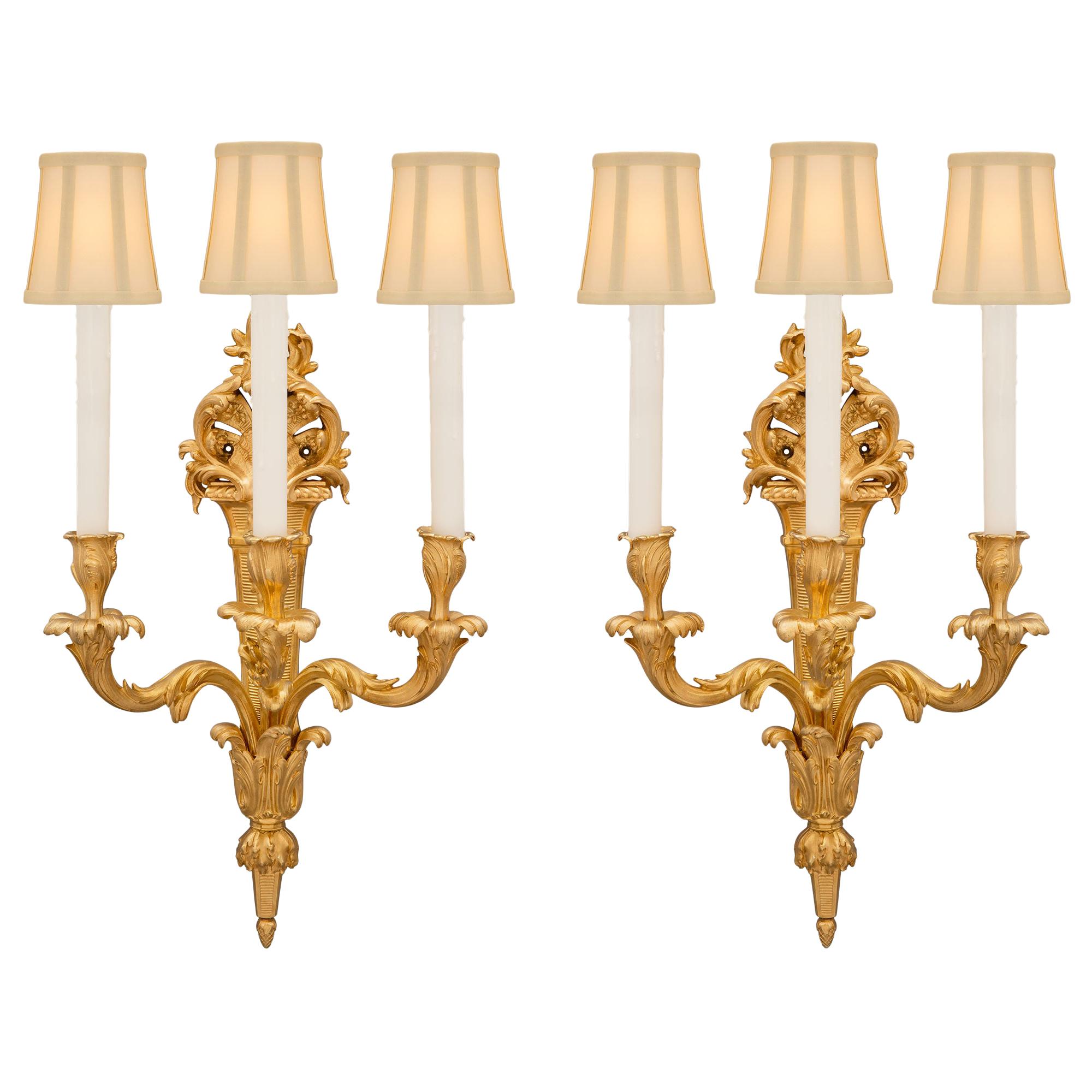 Pair of French 19th Century Louis XV St. Ormolu Sconces For Sale