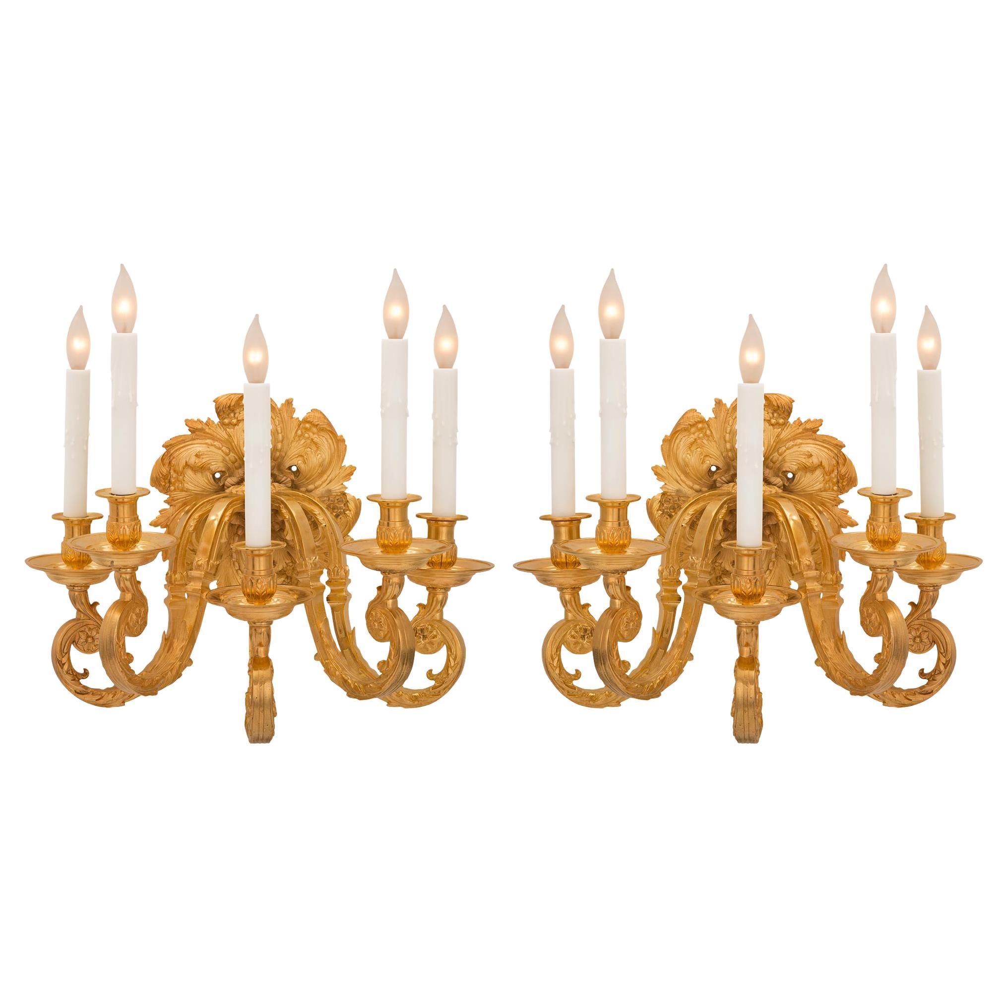 Pair of French 19th Century Louis XV St. Ormolu Sconces For Sale
