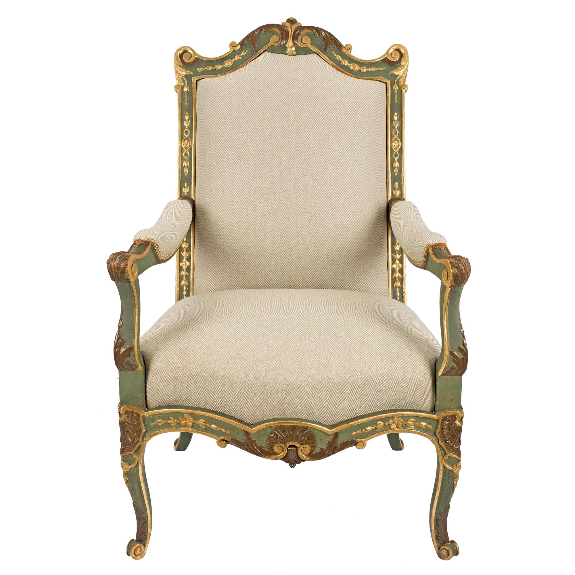 pair of French 19th century Louis XV st. patinated and Giltwood armchairs For Sale 4
