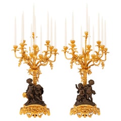 Antique Pair of French 19th century Louis XV st. patinated Bronze and Ormolu candelabras