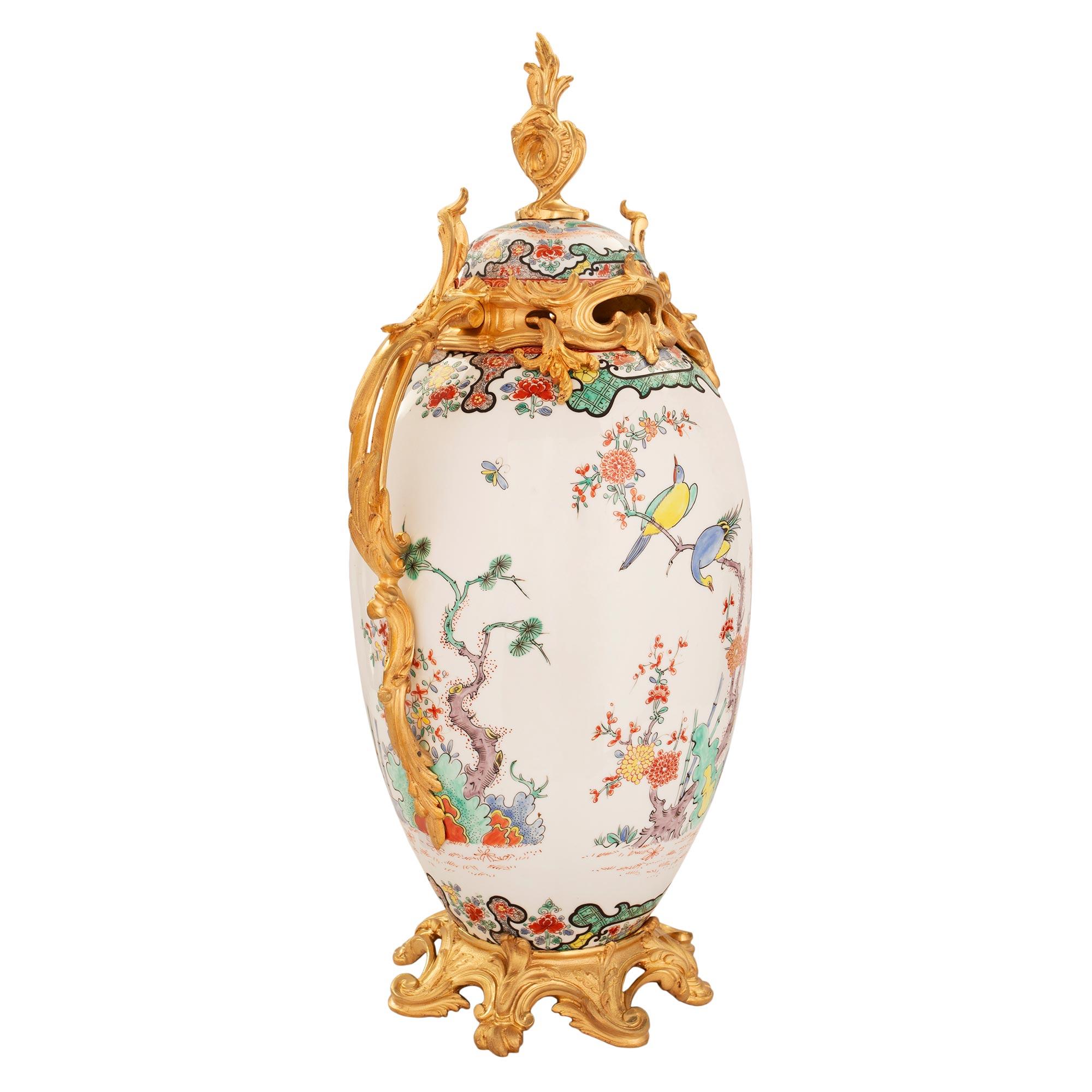 Pair of French 19th Century Louis XV St. Porcelain & Ormolu Mounted Lidded Urns In Good Condition For Sale In West Palm Beach, FL