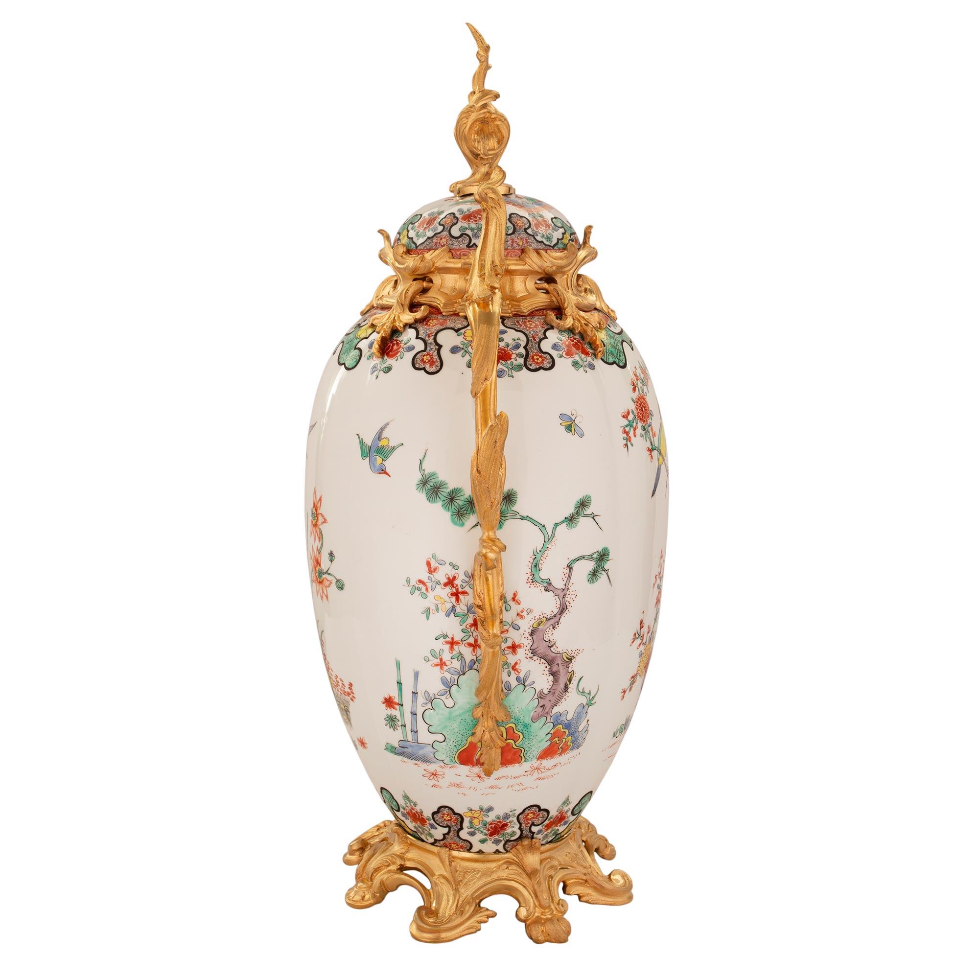 Pair of French 19th Century Louis XV St. Porcelain & Ormolu Mounted Lidded Urns For Sale 1