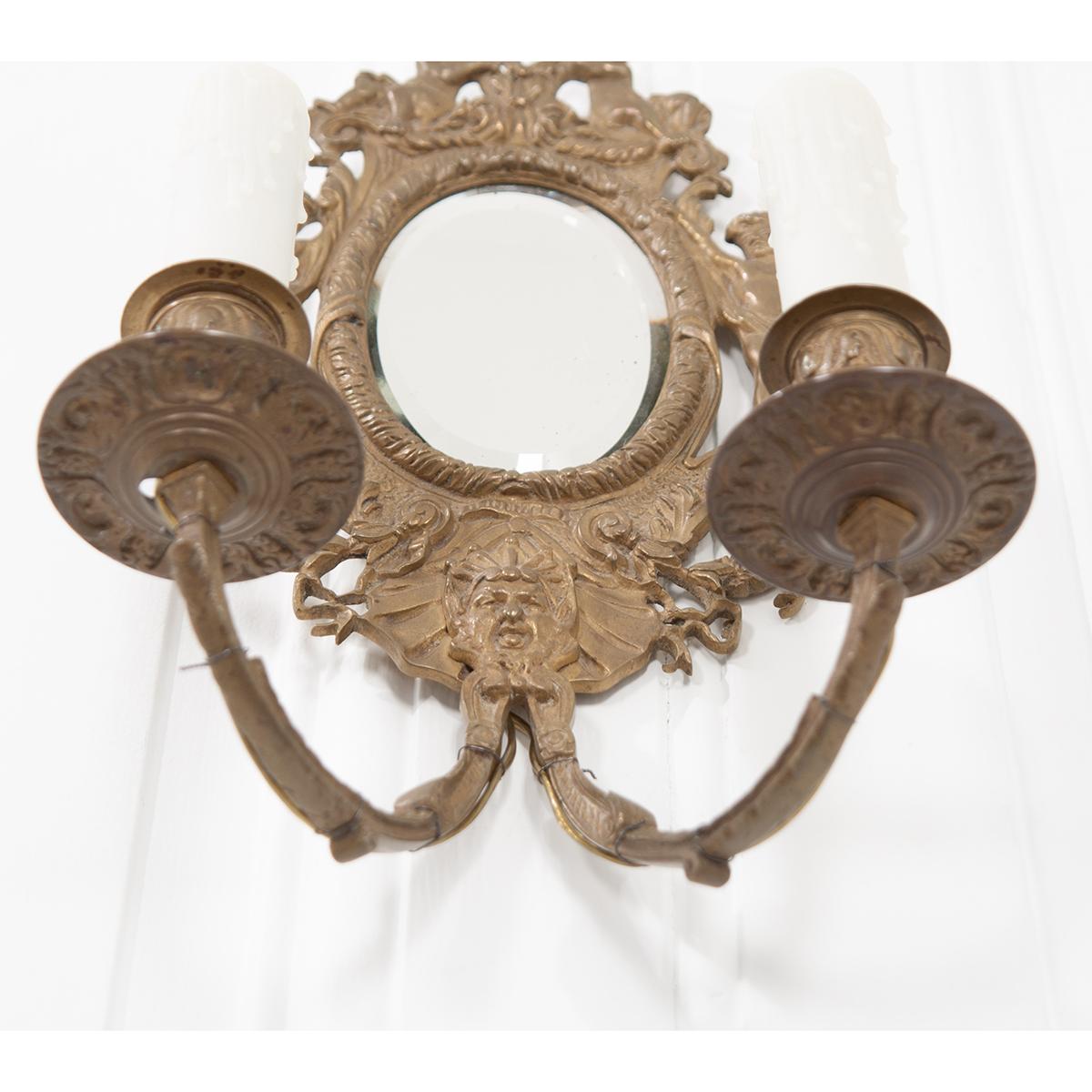 Pair of French 19th Century Louis XV-Style Brass & Mirror Sconces For Sale 2