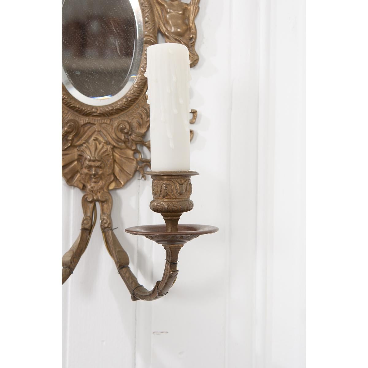 Pair of French 19th Century Louis XV-Style Brass & Mirror Sconces For Sale 3