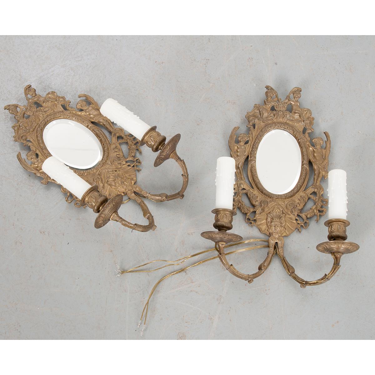 Pair of French 19th Century Louis XV-Style Brass & Mirror Sconces For Sale 4