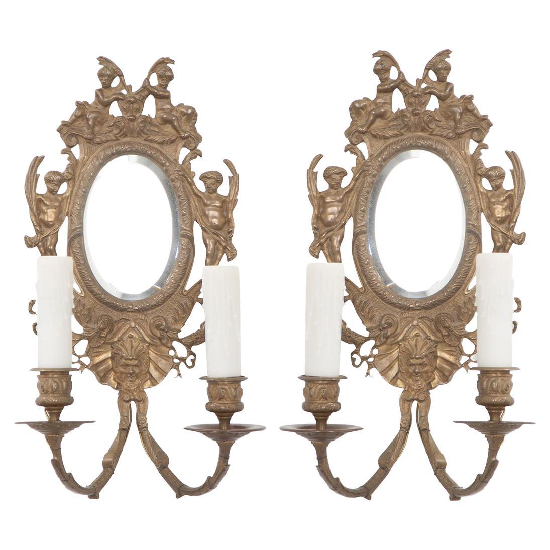 Pair of French 19th Century Louis XV-Style Brass & Mirror Sconces For Sale