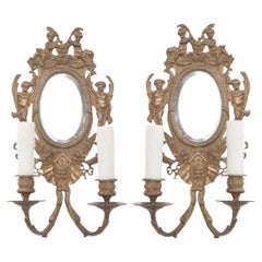 Antique Pair of French 19th Century Louis XV-Style Brass & Mirror Sconces