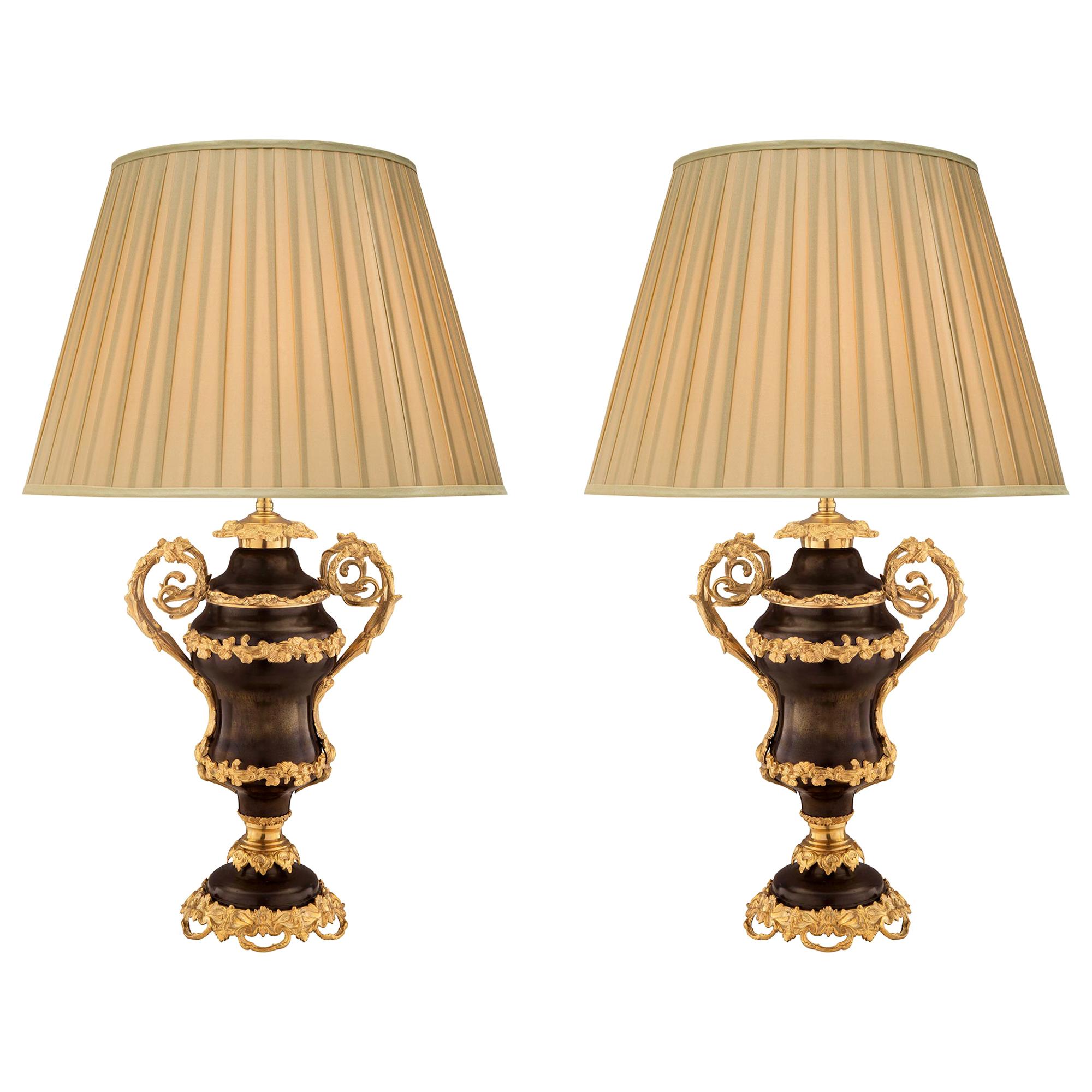 Pair of French 19th Century Louis XV Style Bronze and Ormolu Lamps For Sale