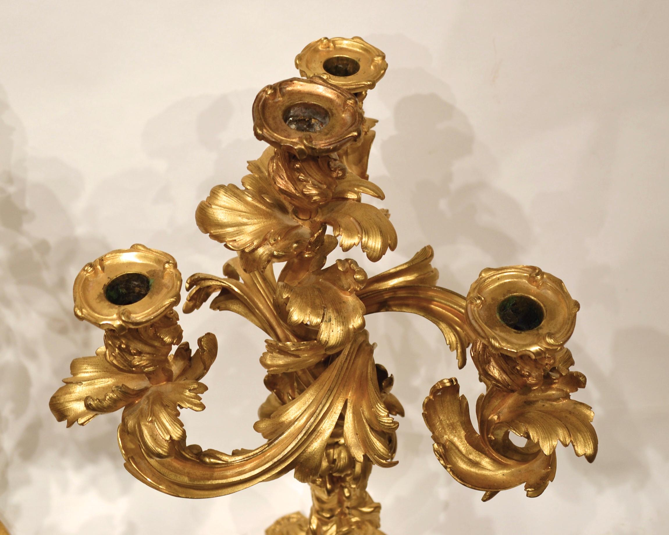 Paar französische Louis-XV-Stücke im Stil des 19. Jahrhunderts  Kandelaber aus vergoldeter Bronze (Neurokoko) im Angebot