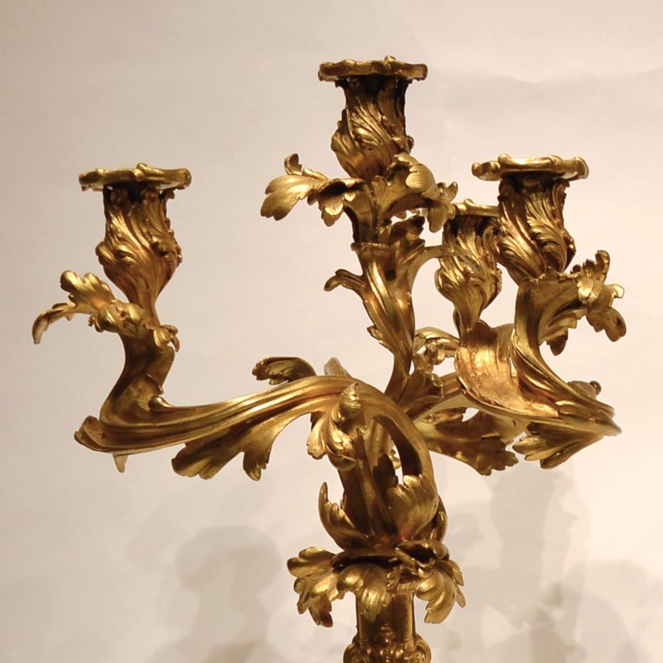 Paar französische Louis-XV-Stücke im Stil des 19. Jahrhunderts  Kandelaber aus vergoldeter Bronze im Zustand „Gut“ im Angebot in New York, NY