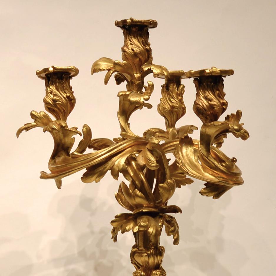 Paar französische Louis-XV-Stücke im Stil des 19. Jahrhunderts  Kandelaber aus vergoldeter Bronze im Angebot 1