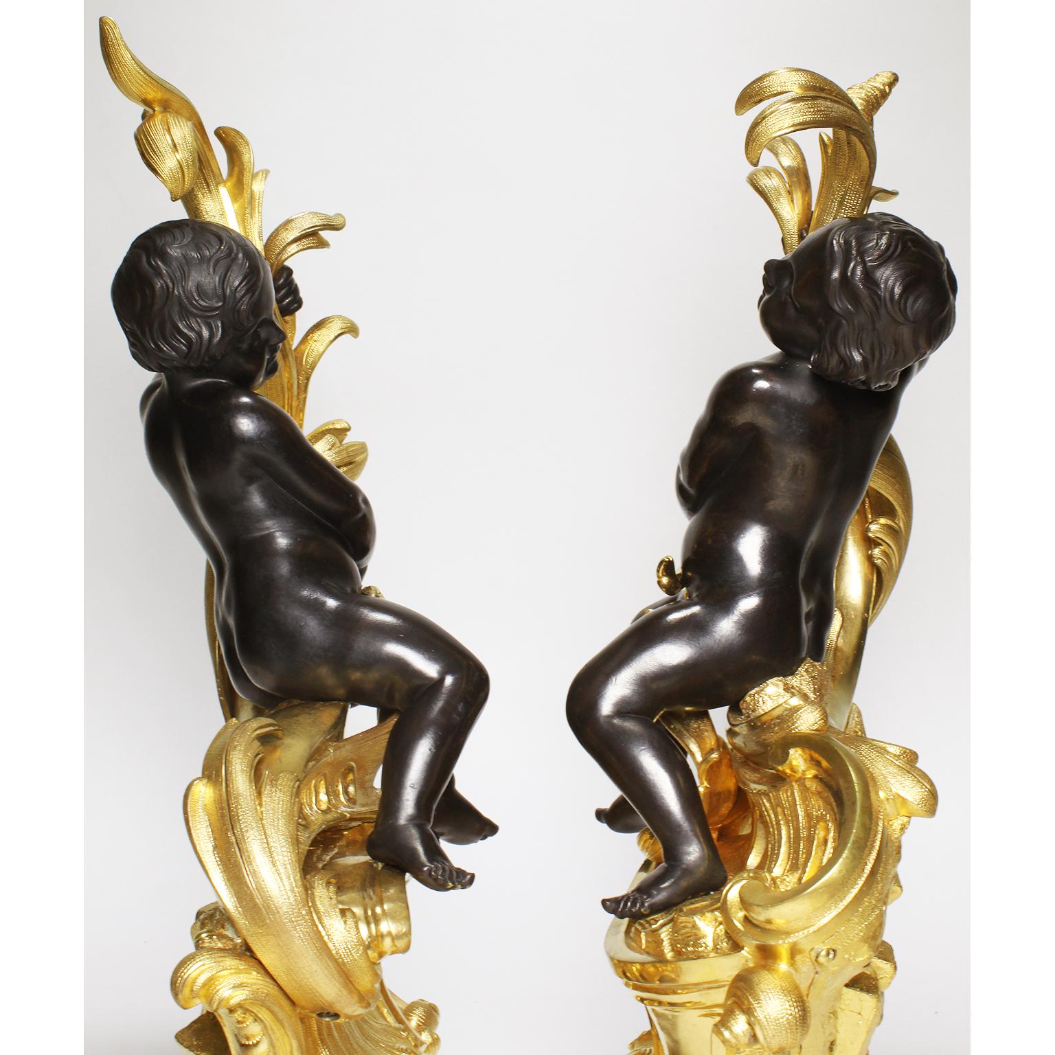 Pair of French 19th Century Louis XV Style Gilt Bronze Chenet with Children For Sale 6