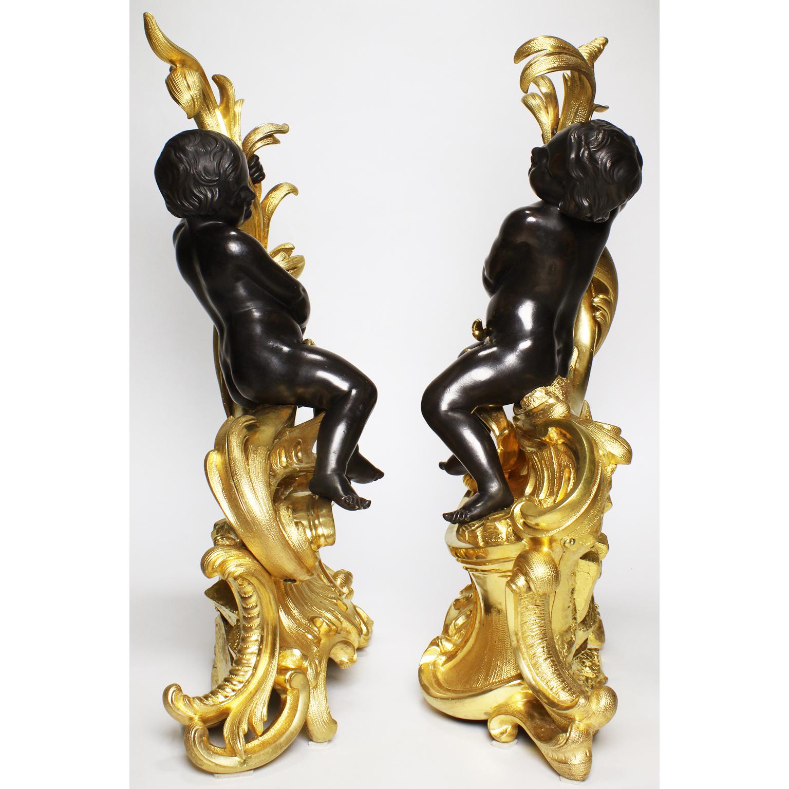 Pair of French 19th Century Louis XV Style Gilt Bronze Chenet with Children For Sale 7