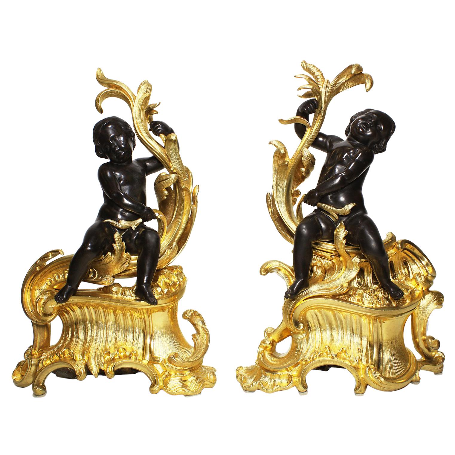 Pair of French 19th Century Louis XV Style Gilt Bronze Chenet with Children For Sale