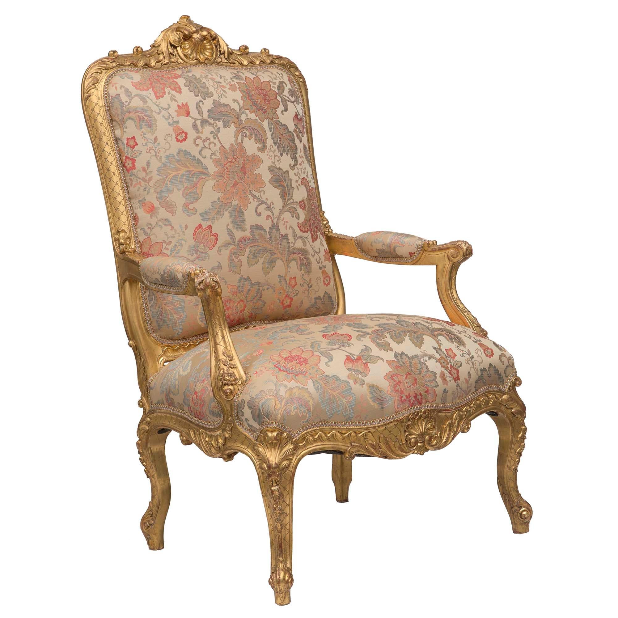 Pair of French 19th Century Louis XV Style Giltwood High Back Armchairs In Good Condition For Sale In West Palm Beach, FL