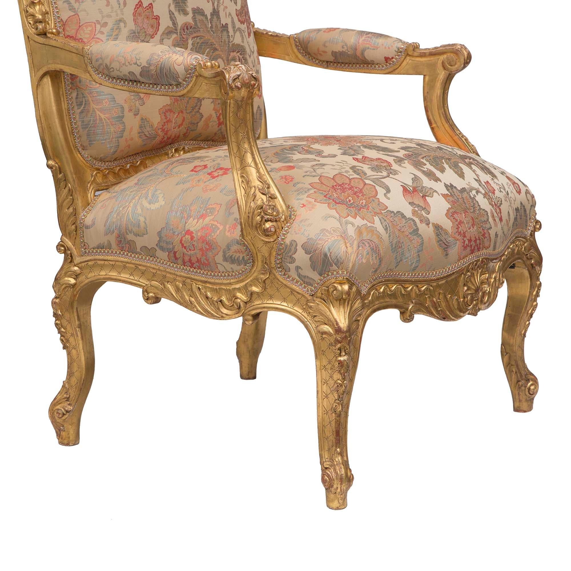 Pair of French 19th Century Louis XV Style Giltwood High Back Armchairs For Sale 3