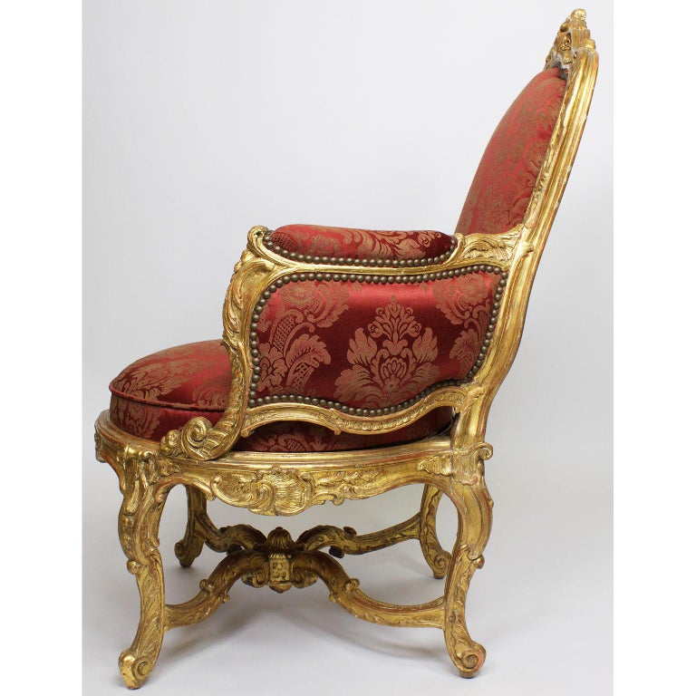 Pair of French 19th Century Louis XV Style Giltwood Marquises Bergère Armchairs For Sale 6
