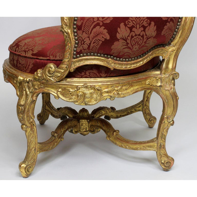 Pair of French 19th Century Louis XV Style Giltwood Marquises Bergère Armchairs For Sale 7