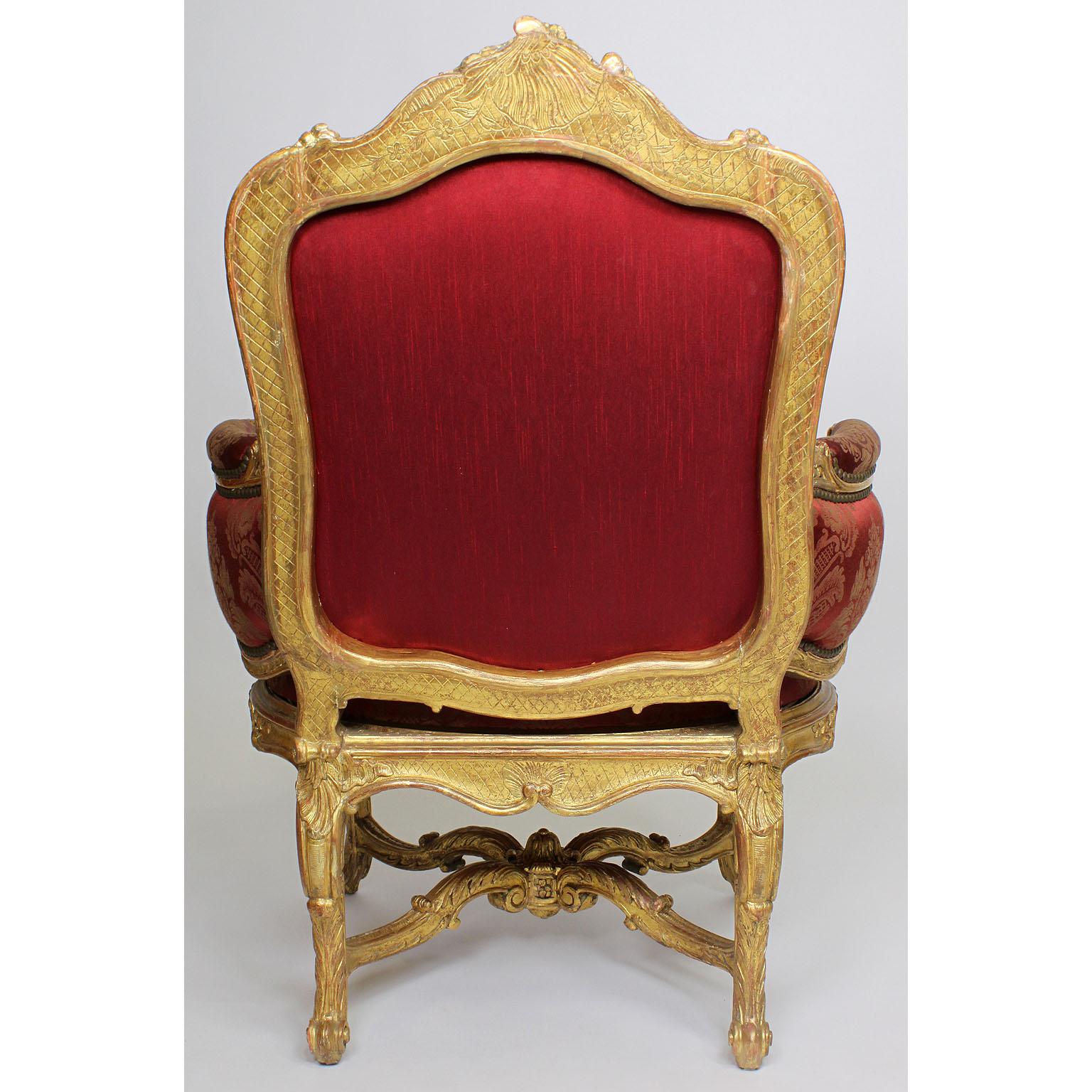 Pair of French 19th Century Louis XV Style Giltwood Marquises Bergère Armchairs For Sale 7