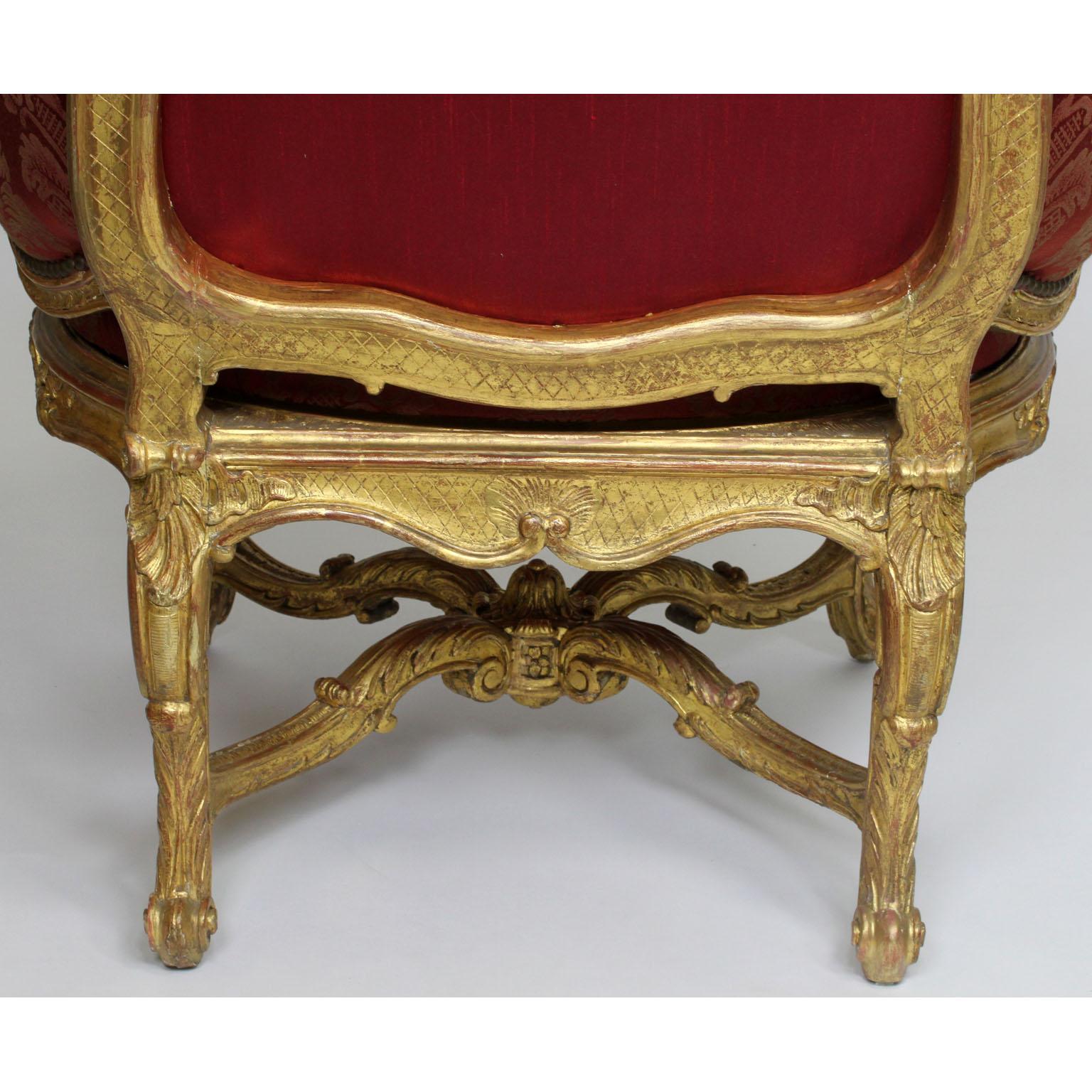 Pair of French 19th Century Louis XV Style Giltwood Marquises Bergère Armchairs For Sale 9
