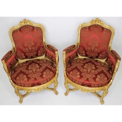 Pair of French 19th Century Louis XV Style Giltwood Marquises Bergère Armchairs