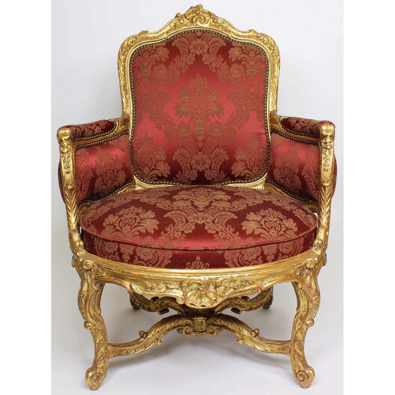 Hand-Carved Pair of French 19th Century Louis XV Style Giltwood Marquises Bergère Armchairs For Sale