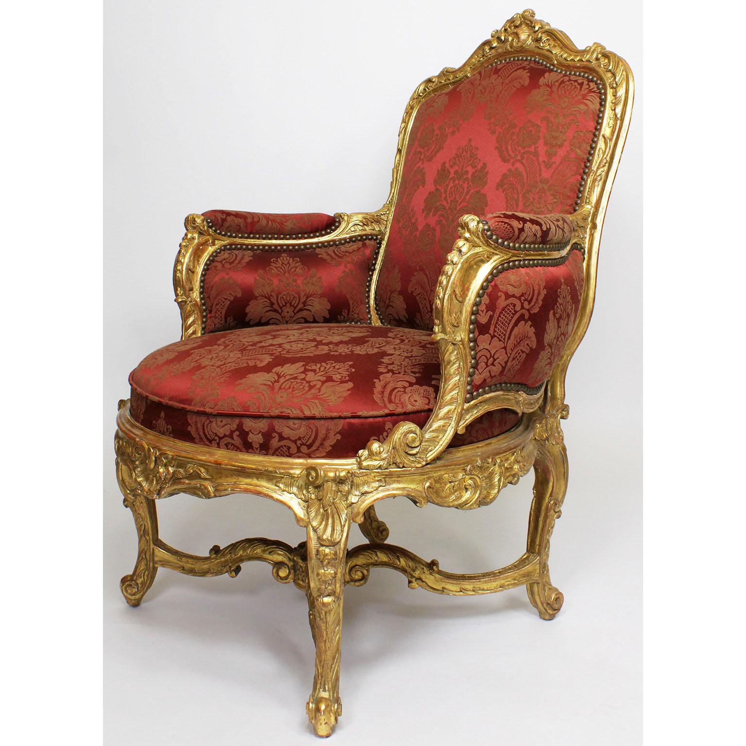 Pair of French 19th Century Louis XV Style Giltwood Marquises Bergère Armchairs In Good Condition For Sale In Los Angeles, CA