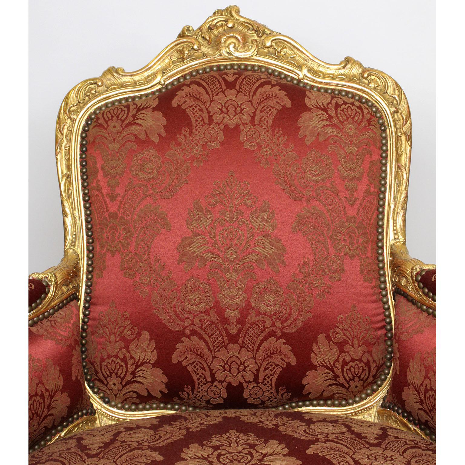 Damask Pair of French 19th Century Louis XV Style Giltwood Marquises Bergère Armchairs For Sale