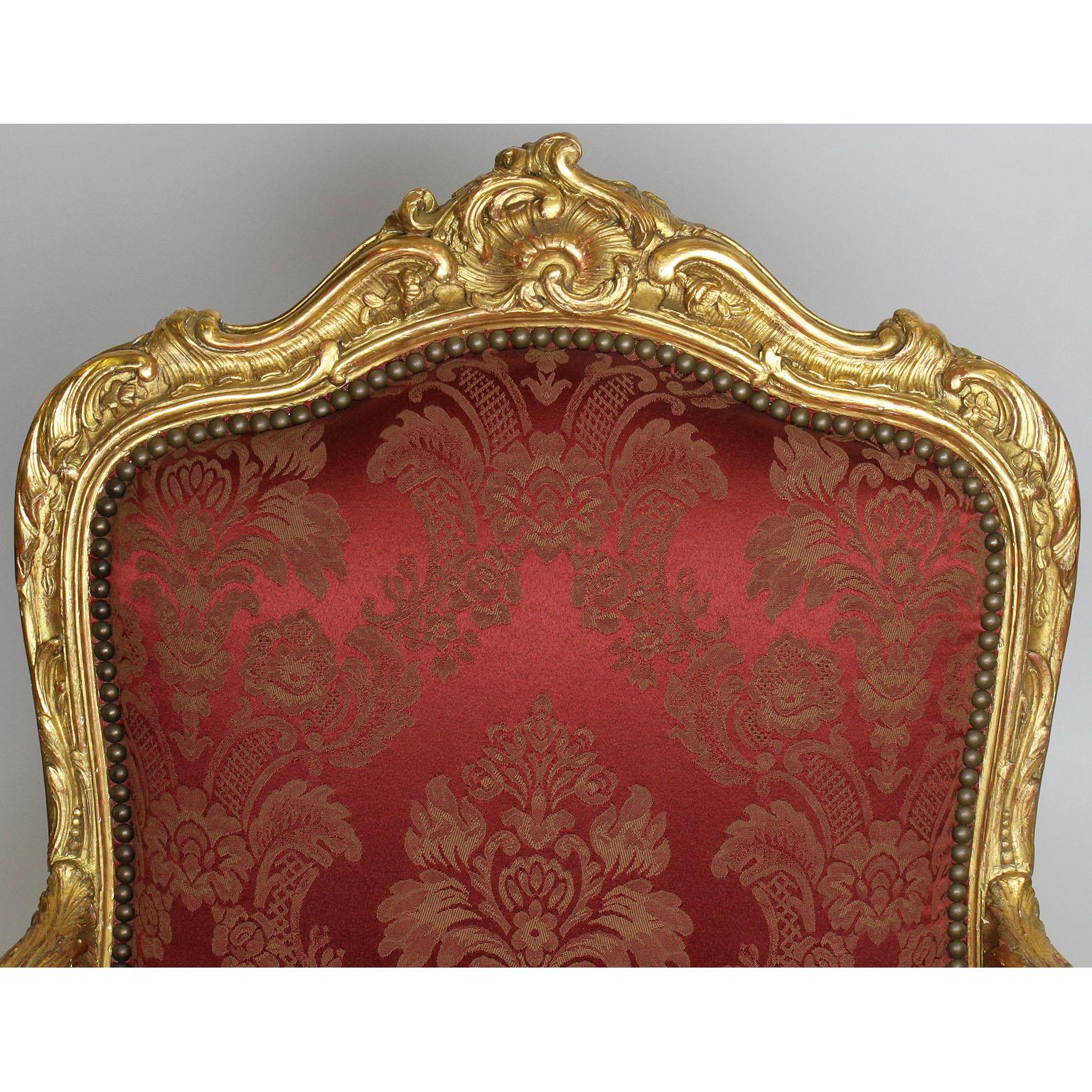 Pair of French 19th Century Louis XV Style Giltwood Marquises Bergère Armchairs For Sale 1