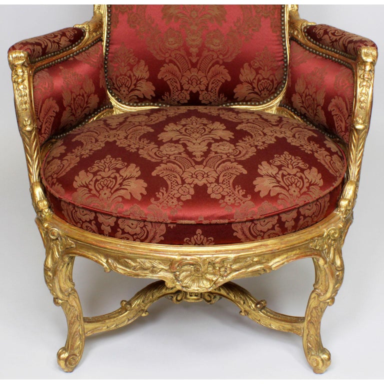 Pair of French 19th Century Louis XV Style Giltwood Marquises Bergère Armchairs For Sale 3