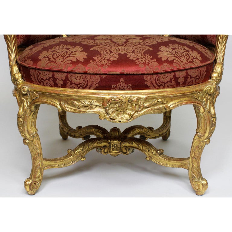 Pair of French 19th Century Louis XV Style Giltwood Marquises Bergère Armchairs For Sale 4