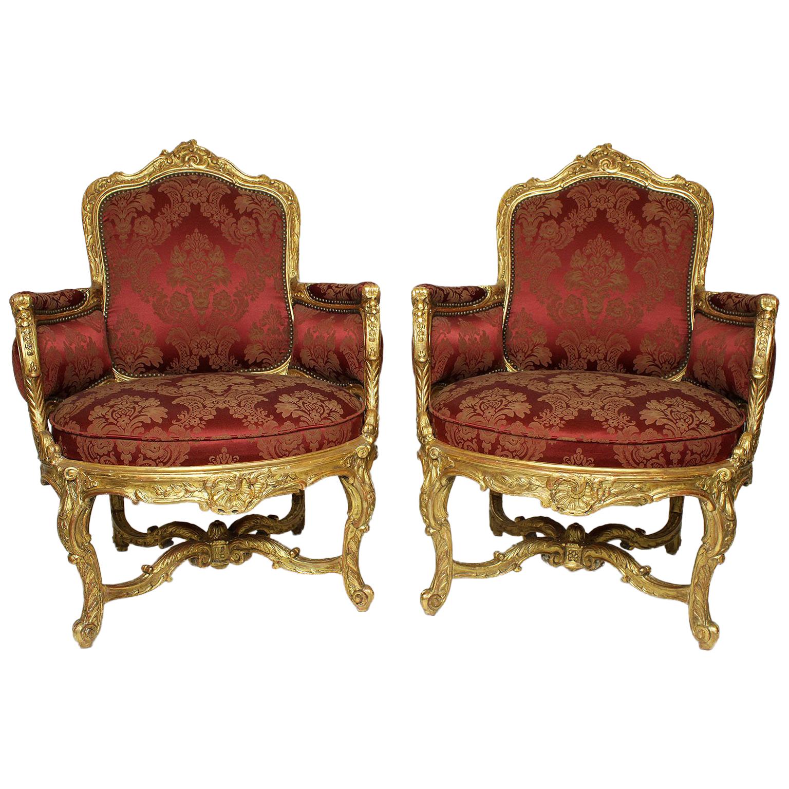 Pair of French 19th Century Louis XV Style Giltwood Marquises Bergère Armchairs